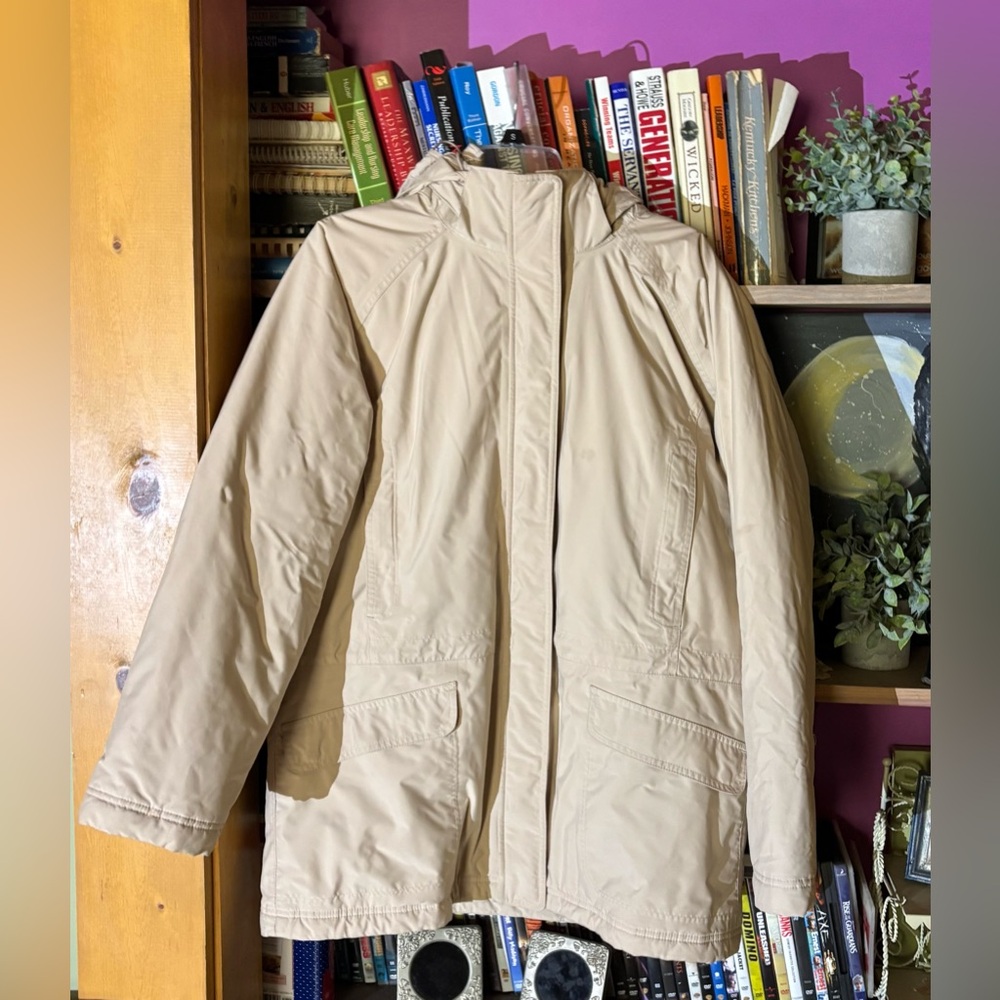 LL Bean Barn Coat Chore Jacket Thinsulate Detachable Hood Double Zip Woman L Tan